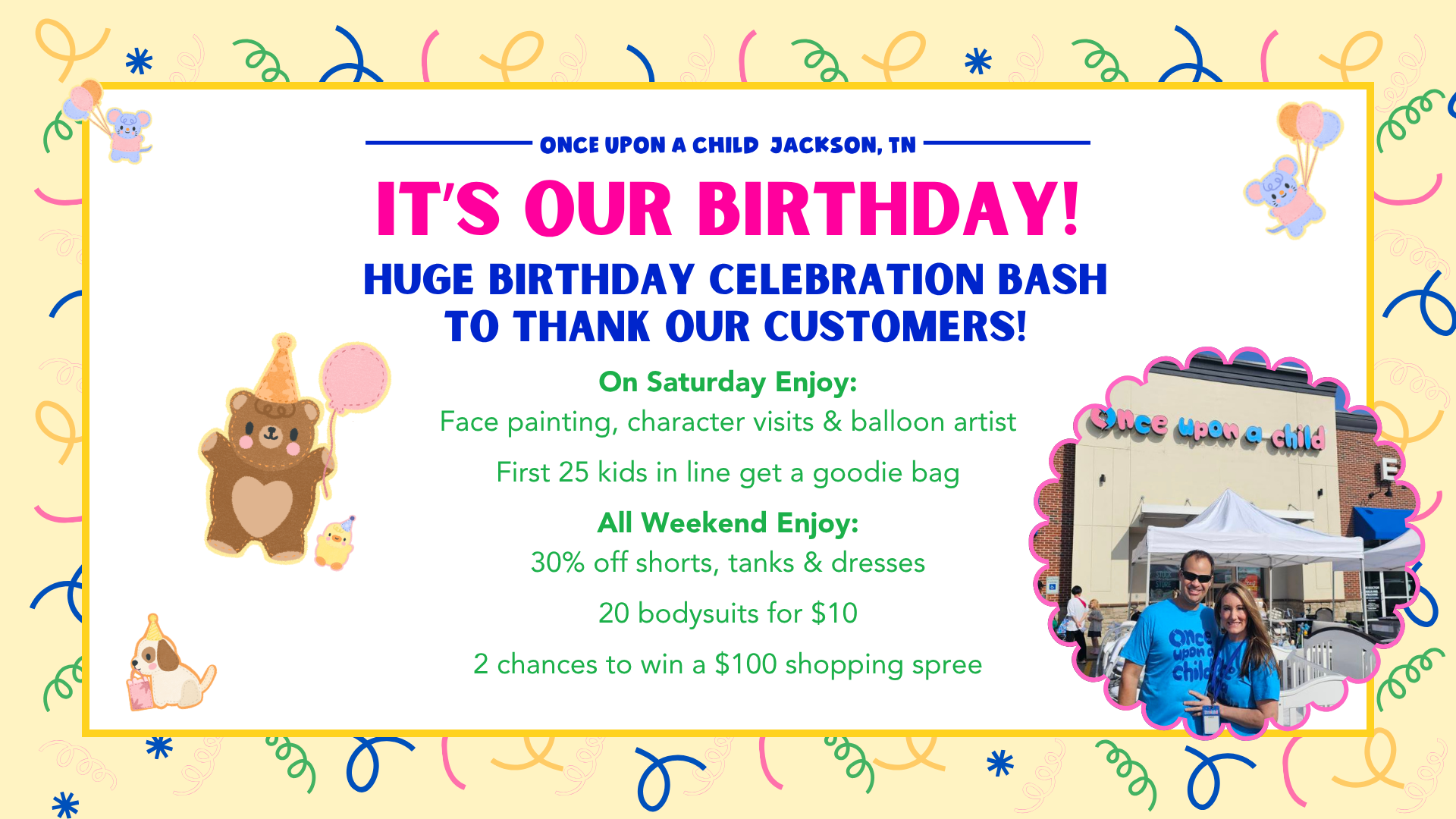 Kids clothing sale birthday event with discounts and family activities Jackson TN